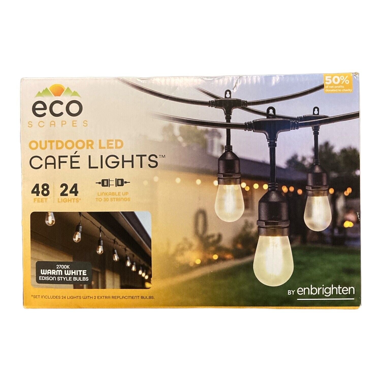 EcoScapes Outdoor LED Cafe Lights (24 Bulbs 48 Feet) - Bellso